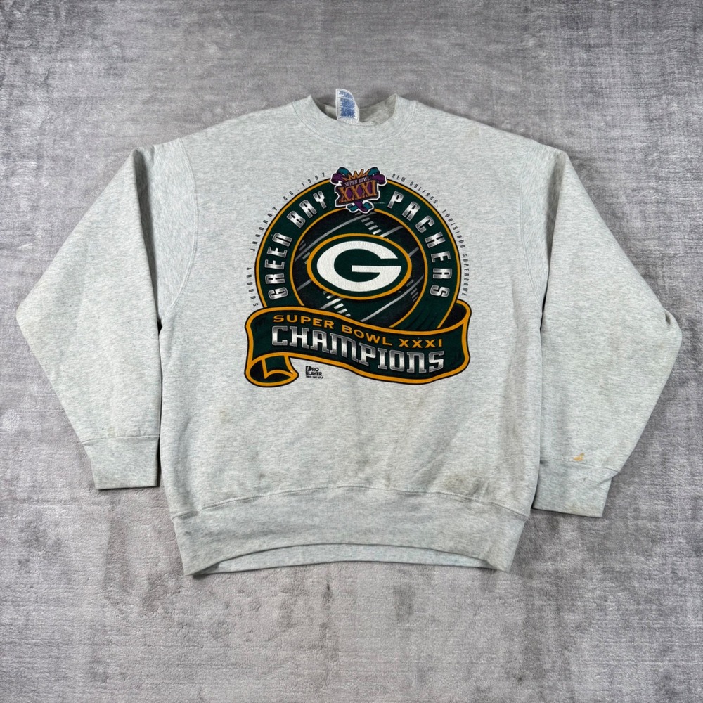 Green Bay Packers Sweatshirt Mens Large Gray Vtg Super Bowl XXXI 1997 Pro Layer